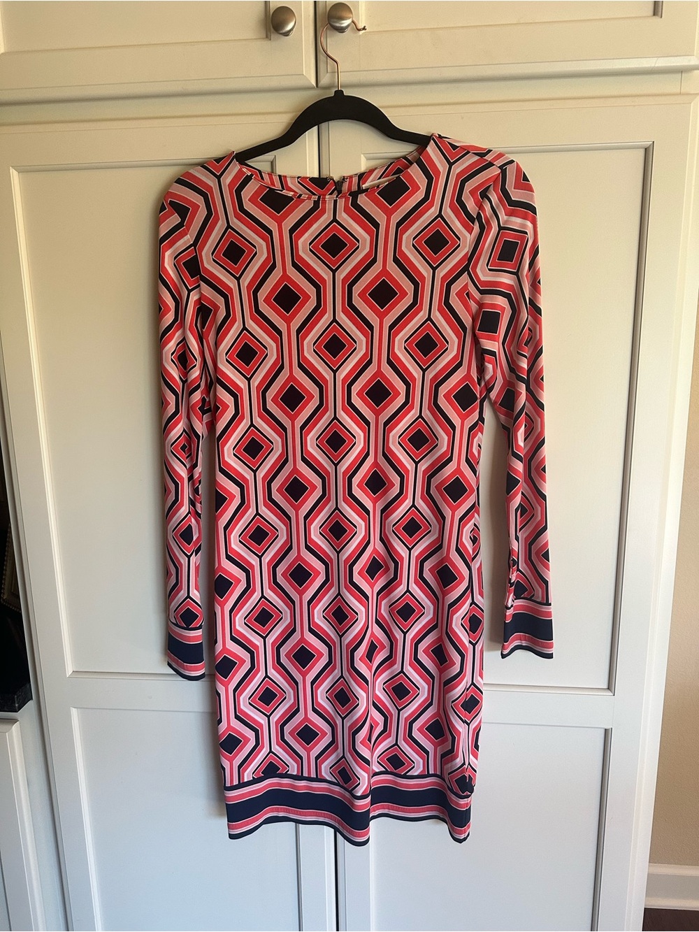 Michael Kors Coral and Black Geometric Long-Sleeve Dress